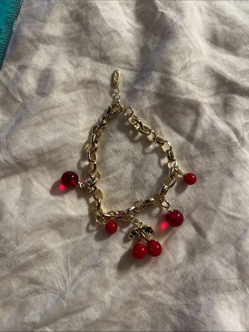 Gold Cherry Charm Bracelet - Red Cherry Dangle Bracelet